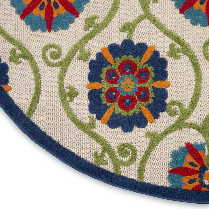 8' Ivory And Blue Round Indoor Outdoor Area Rug Photo 9