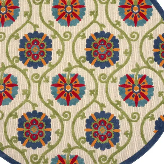 8' Ivory And Blue Round Indoor Outdoor Area Rug Photo 4