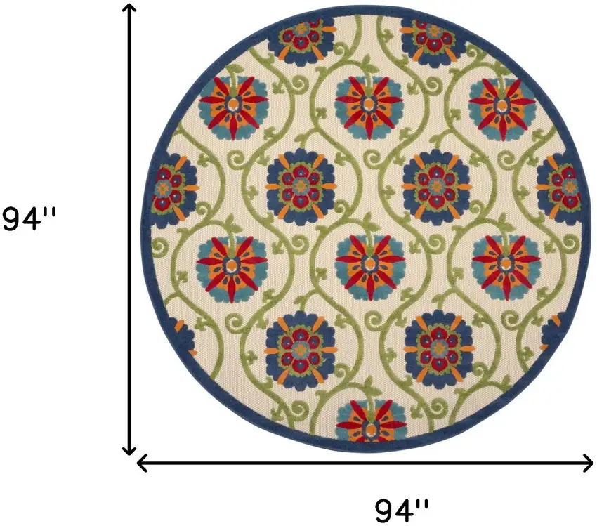 Ivory And Blue Round Floral Indoor Outdoor Area Rug Photo 9