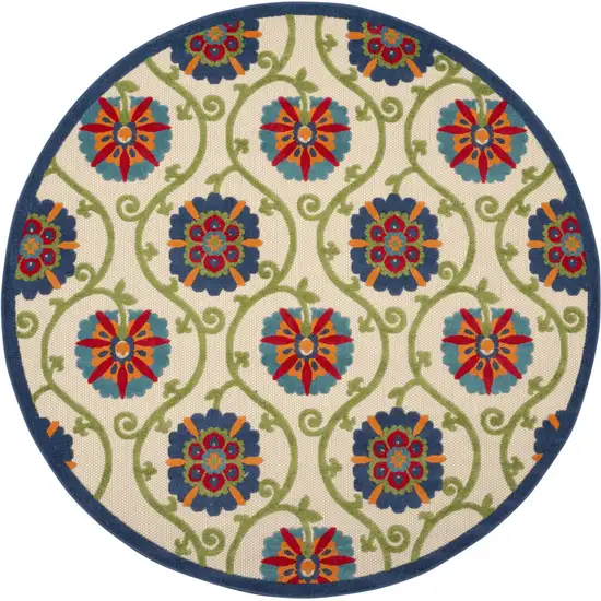 8' Ivory And Blue Round Indoor Outdoor Area Rug Photo 3