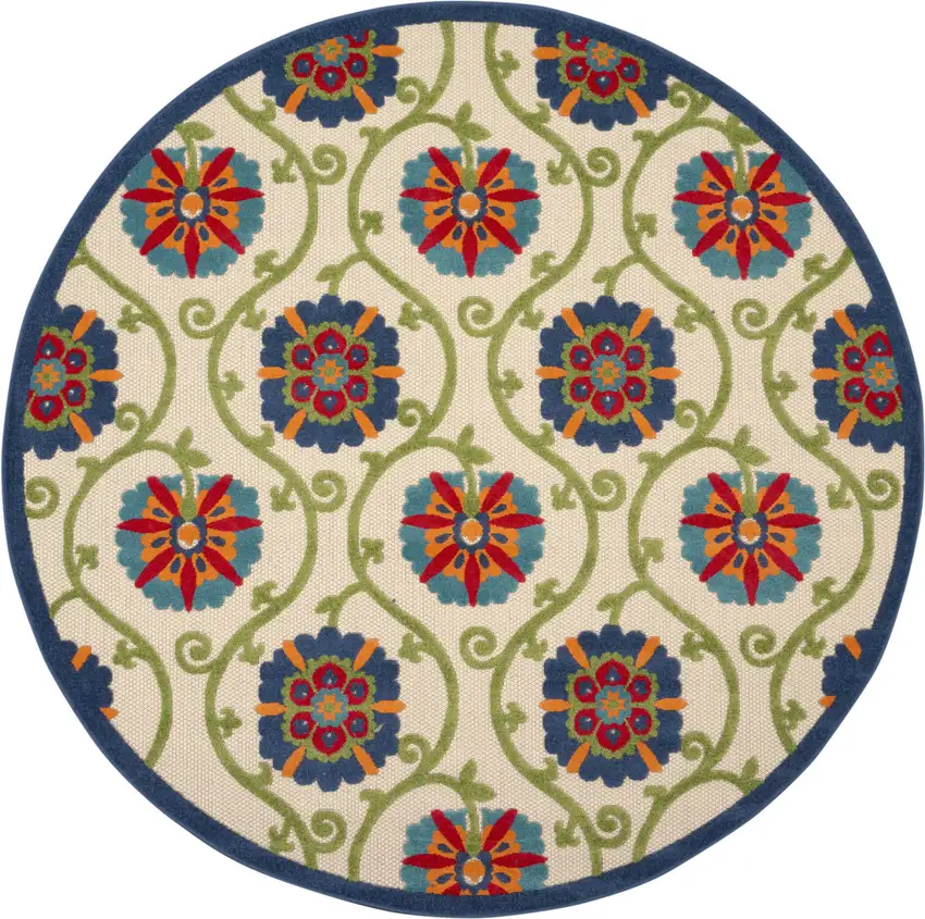 8' Ivory And Blue Round Indoor Outdoor Area Rug Photo 3