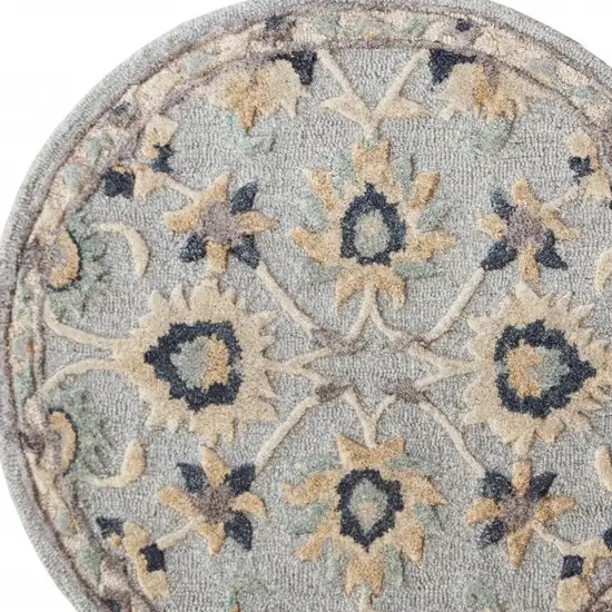 3' Beige And Blue Wool Floral Hand Woven Round Rug Photo 7