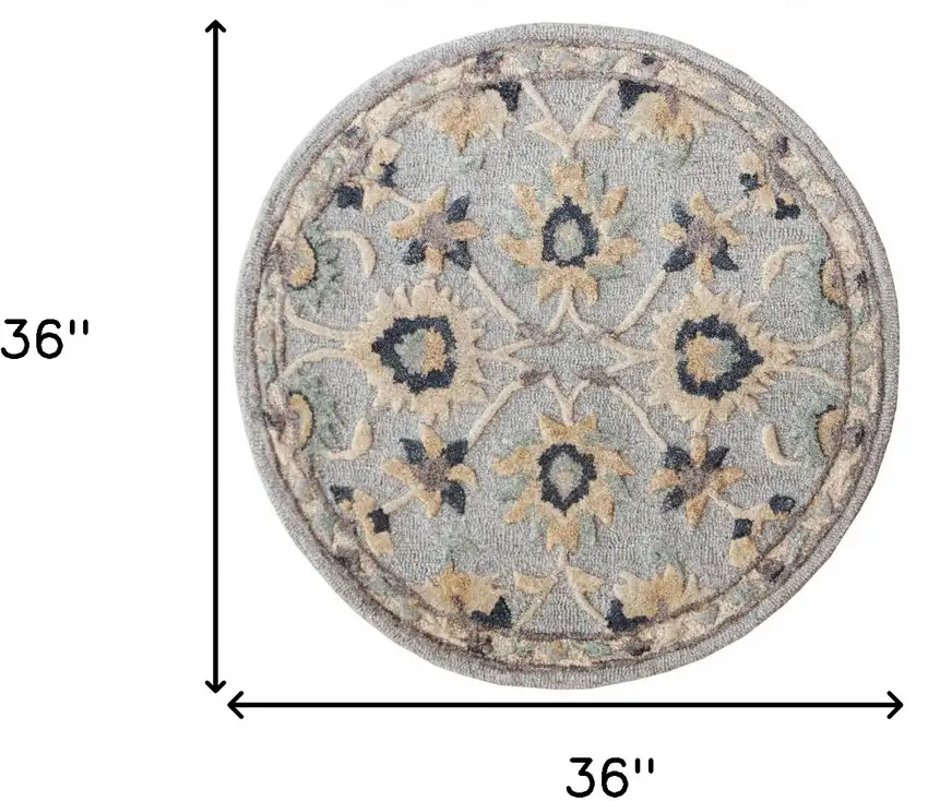 Beige and Blue Round Wool Floral Hand Woven Area Rug Photo 3