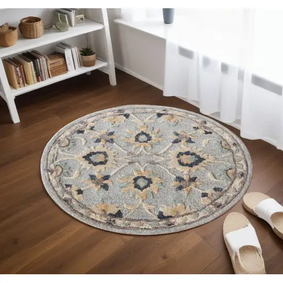 3' Beige And Blue Wool Floral Hand Woven Round Rug Photo 1