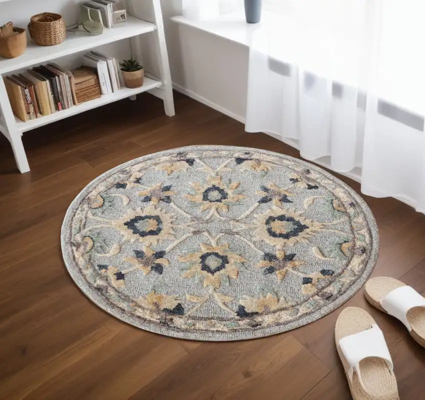 Beige and Blue Round Wool Floral Hand Woven Area Rug Photo 2