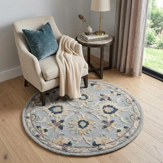 3' Beige And Blue Wool Floral Hand Woven Round Rug Photo 1