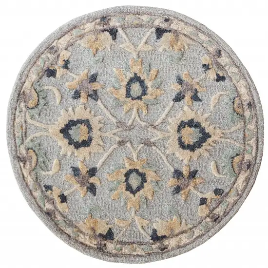 3' Beige And Blue Wool Floral Hand Woven Round Rug Photo 8