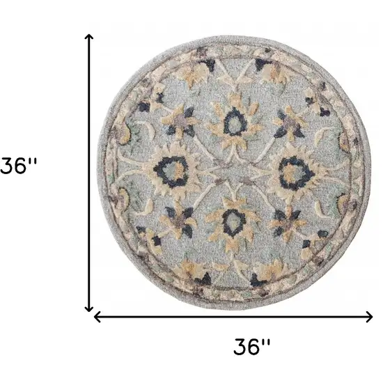 3' Beige And Blue Wool Floral Hand Woven Round Rug Photo 3