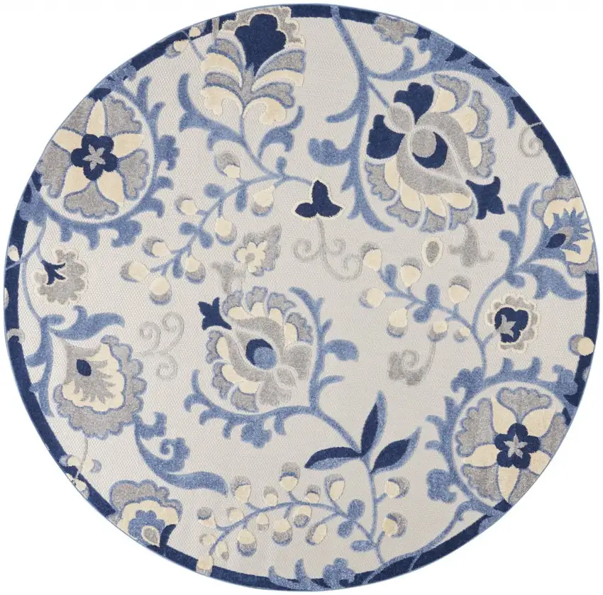 Blue And Gray Round Floral Indoor Outdoor Area Rug Photo 3