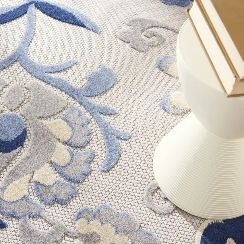 Round Blue and Gray Indoor Outdoor Area Rug Photo 9