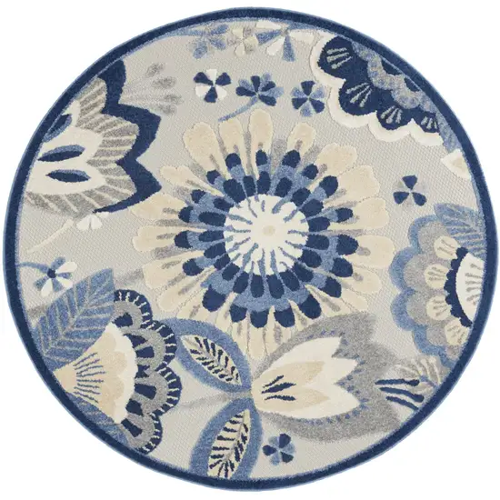 4' Blue Gray And Ivory Round Floral Indoor Outdoor Area Rug Photo 1