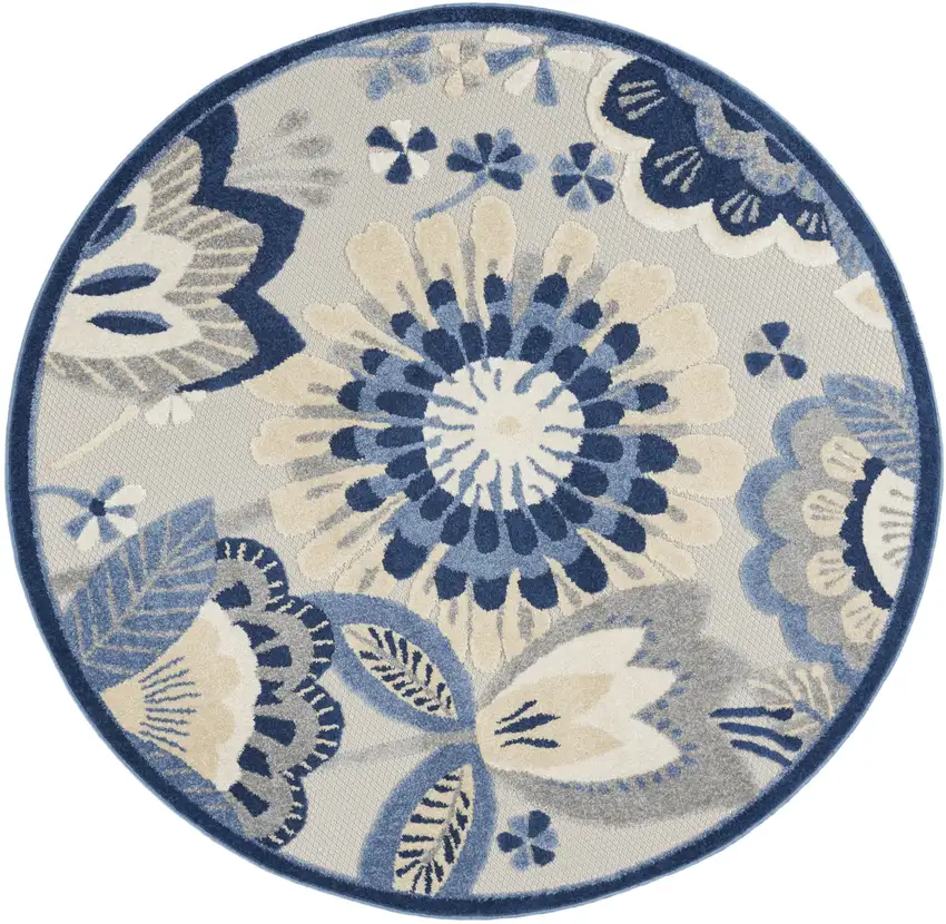 4' Blue Gray And Ivory Round Floral Indoor Outdoor Area Rug Photo 1