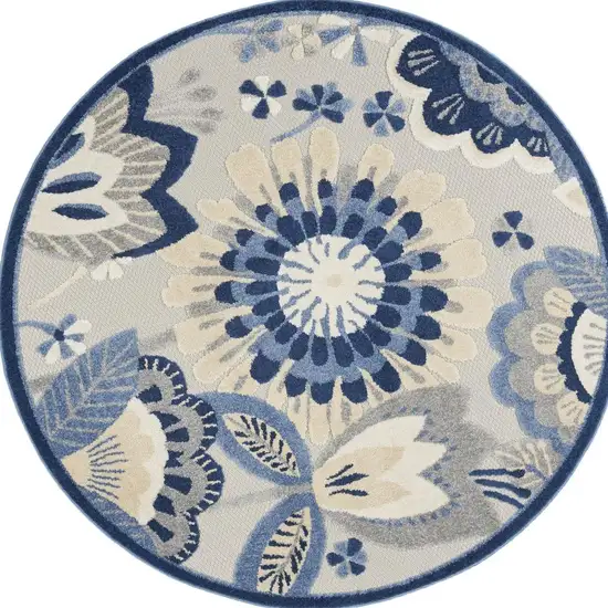 4' Blue Gray And Ivory Round Floral Indoor Outdoor Area Rug Photo 4