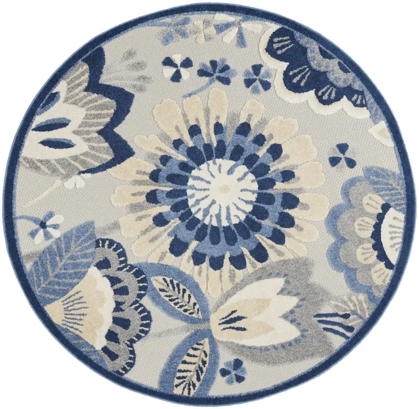 Blue And Gray Round Floral Indoor Outdoor Area Rug Photo 4