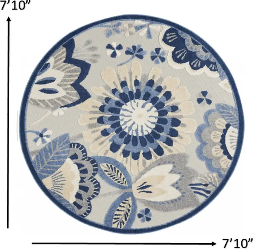 Blue And Gray Round Floral Indoor Outdoor Area Rug Photo 3