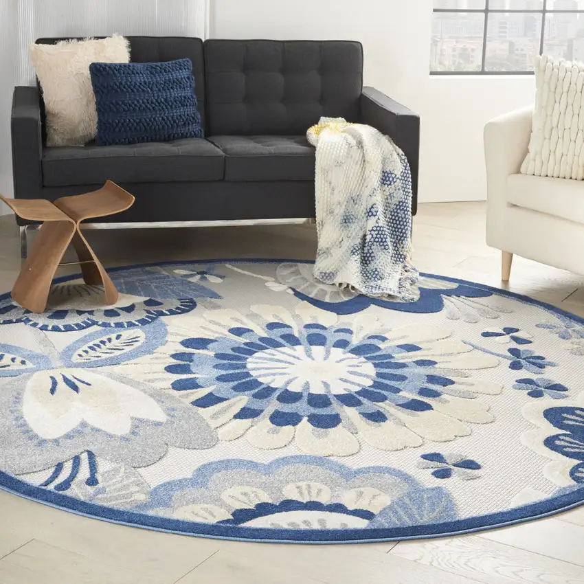 8' Blue And Gray Round Indoor Outdoor Area Rug Photo 5