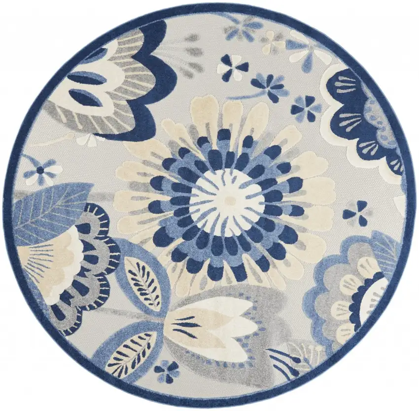 Blue And Gray Round Floral Indoor Outdoor Area Rug Photo 1