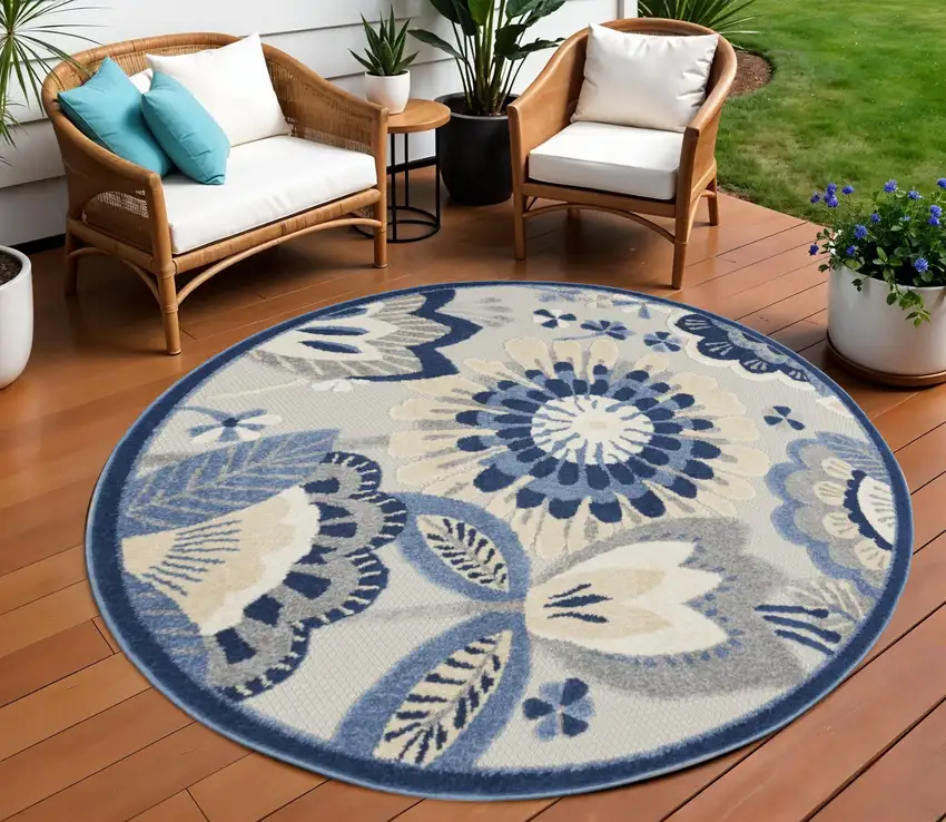 Blue And Gray Round Floral Indoor Outdoor Area Rug Photo 1