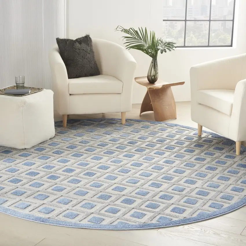 Round Blue and Gray Indoor Outdoor Area Rug Photo 5