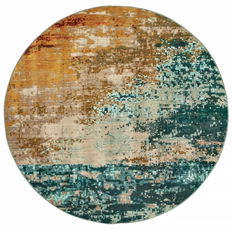 Round Blue and Red Distressed Area Rug Photo 1