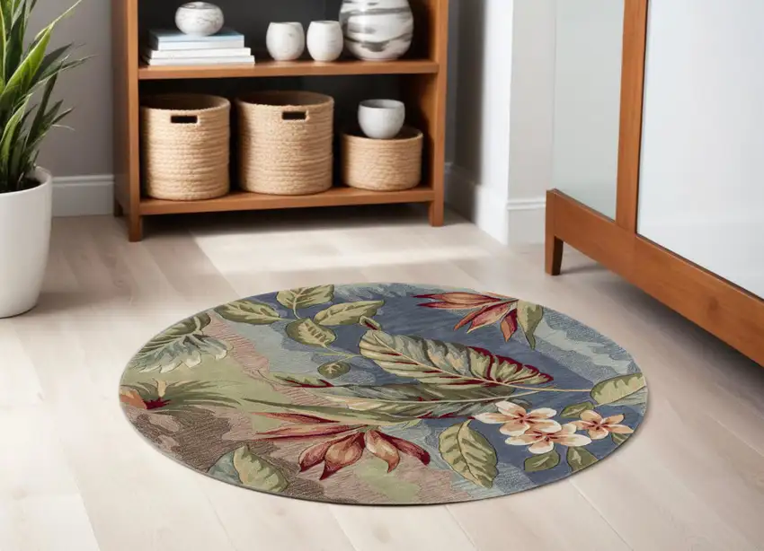 5' Round Blue Or Sage Tropical Leaves Indoor Area Rug Photo 1