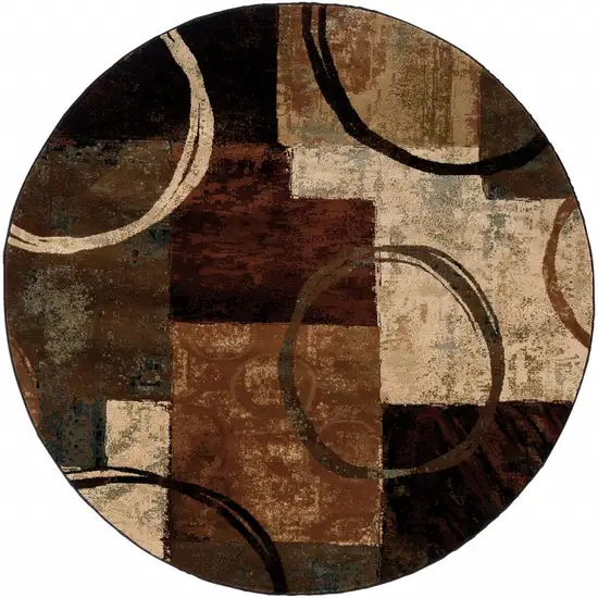 Round Brown and Black Abstract Geometric Area Rug Photo 1