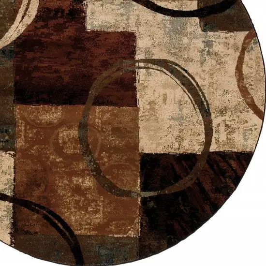 Round Brown and Black Abstract Geometric Area Rug Photo 4