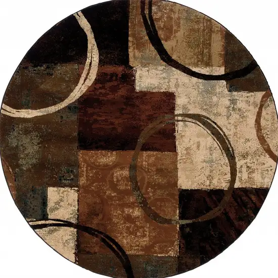 Round Brown and Black Abstract Geometric Area Rug Photo 5
