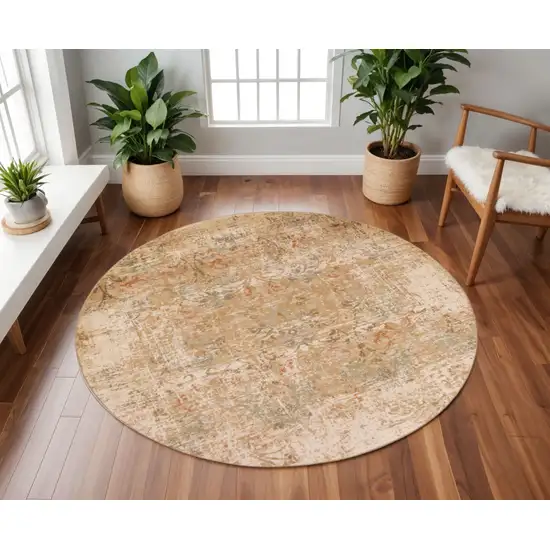7' Champagne And Beige Damask Round Rug Photo 1
