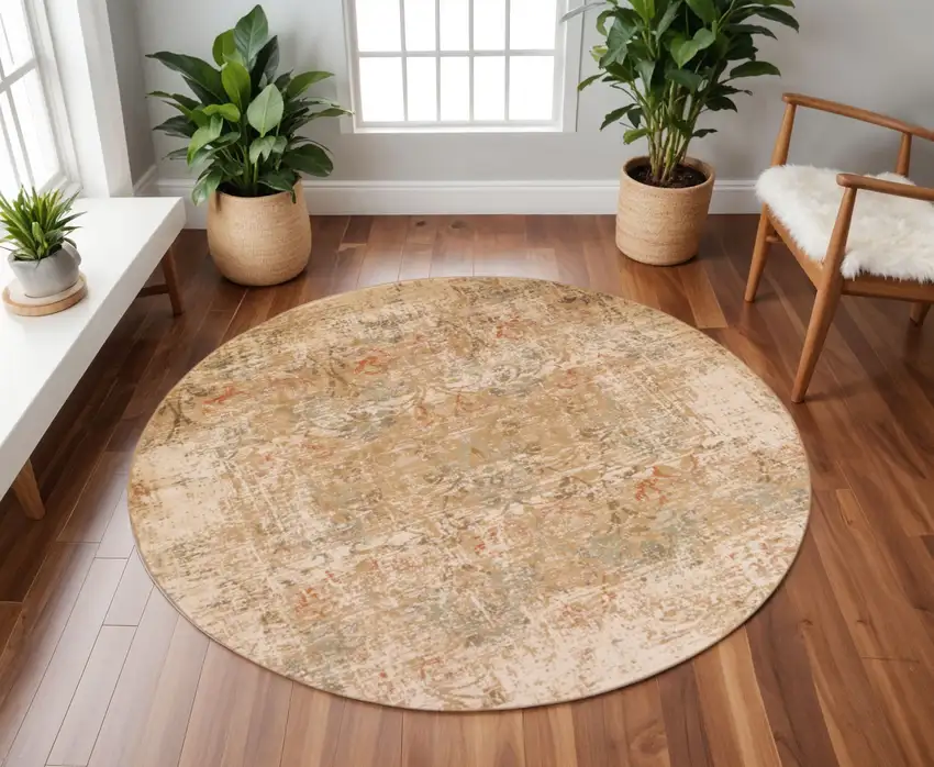 7' Champagne And Beige Damask Round Rug Photo 1