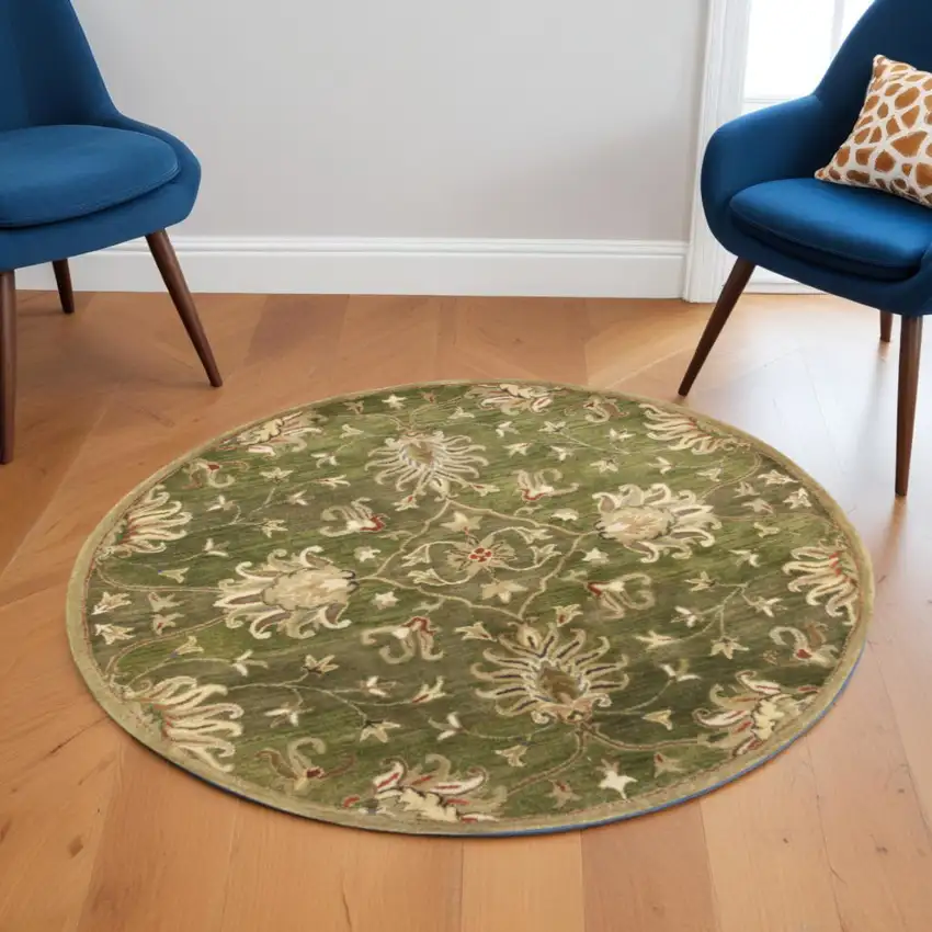 5' Green Red And Ivory New Zealand Lambs Wool Floral Medallion Hand Tufted Round Rug Photo 1