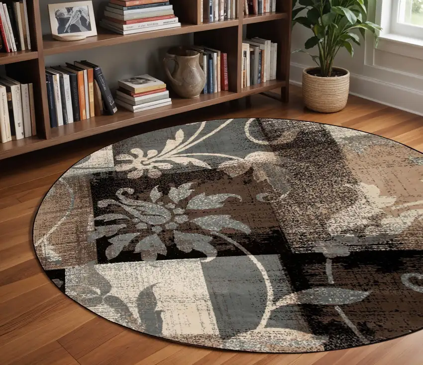 8' Beige Brown and Gray Floral Distressed Round Rug Photo 1