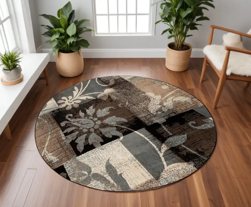 8' Beige Brown and Gray Floral Distressed Round Rug Photo 1