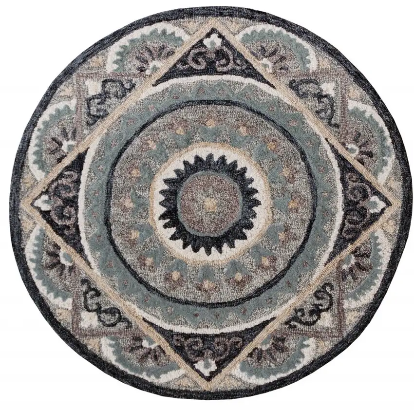 Round Gray Geometric Medallion Area Rug Photo 8