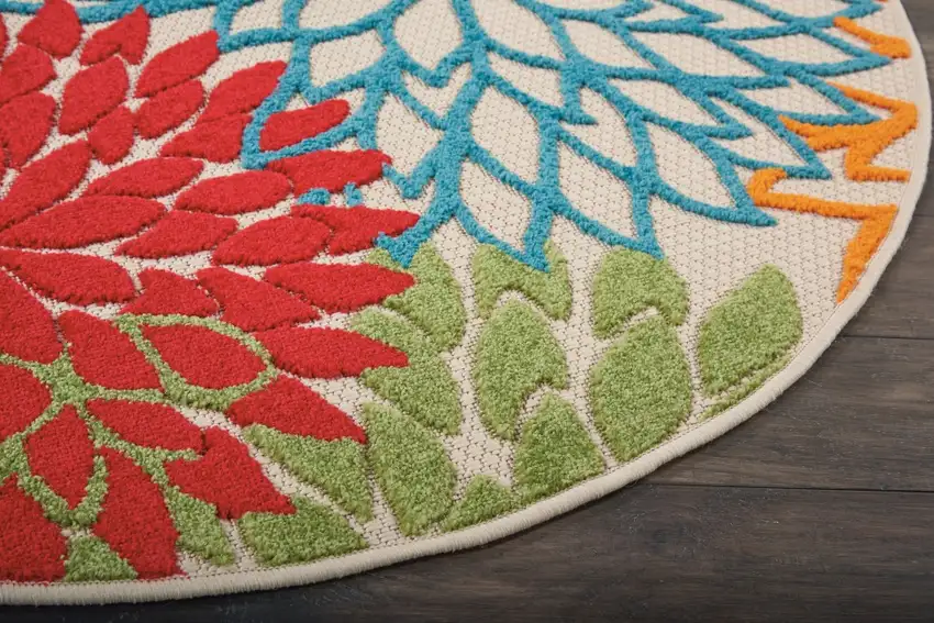 Green And Ivory Round Floral Indoor Outdoor Area Rug Photo 8