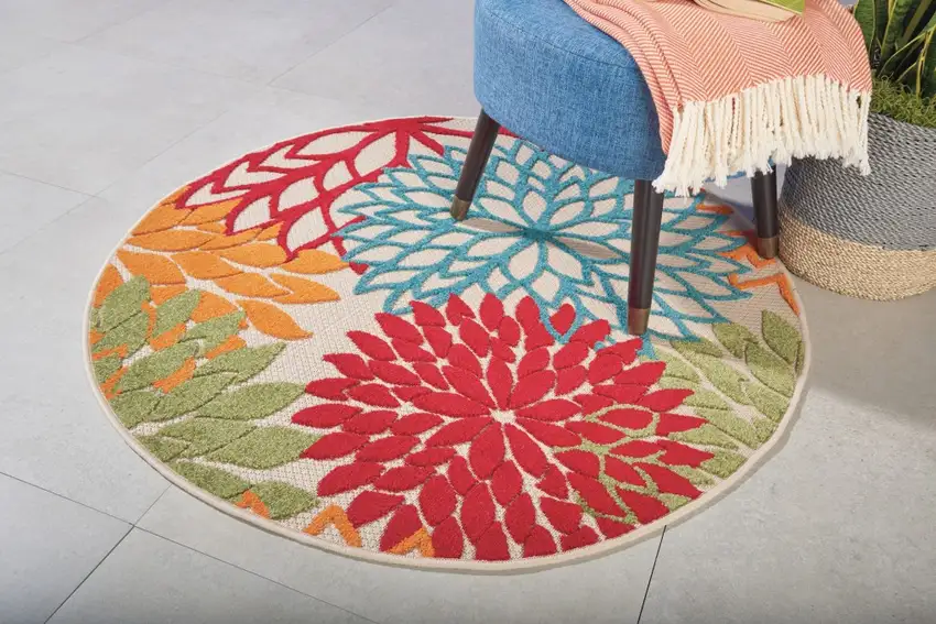 Round Green Floral Indoor Outdoor Area Rug Photo 6