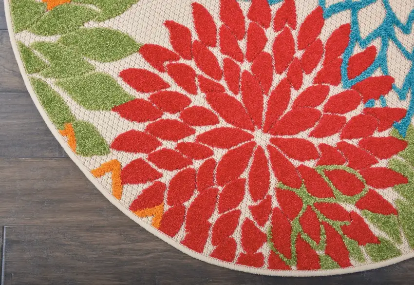 Green And Ivory Round Floral Indoor Outdoor Area Rug Photo 4