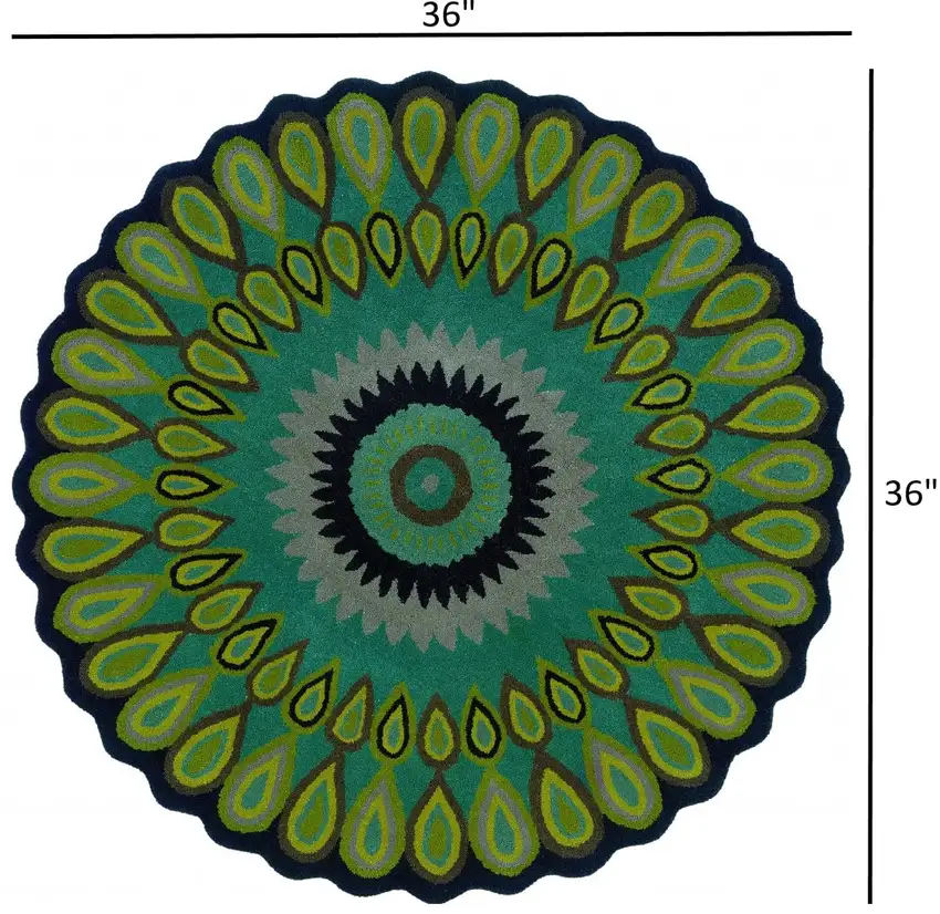 Round Green Peacock Feather Area Rug Photo 5
