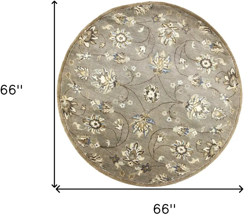 Round Grey Floral Vine Wool Indoor Area Rug Photo 7