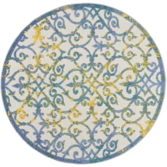 4' Ivory And Blue Round Indoor Outdoor Area Rug Photo 3