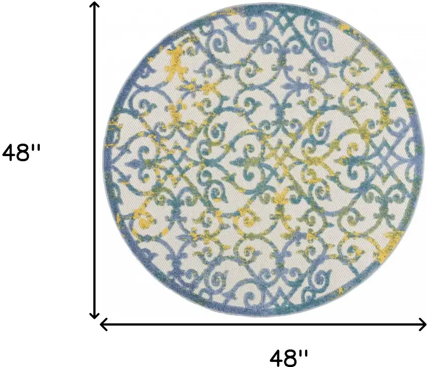 Ivory And Blue Round Floral Indoor Outdoor Area Rug Photo 8