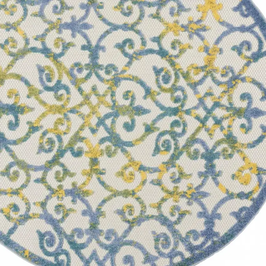 4' Ivory And Blue Round Indoor Outdoor Area Rug Photo 4