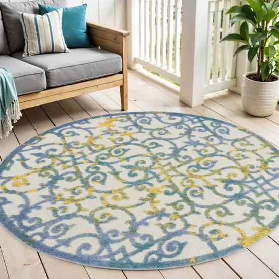 4' Ivory And Blue Round Indoor Outdoor Area Rug Photo 2