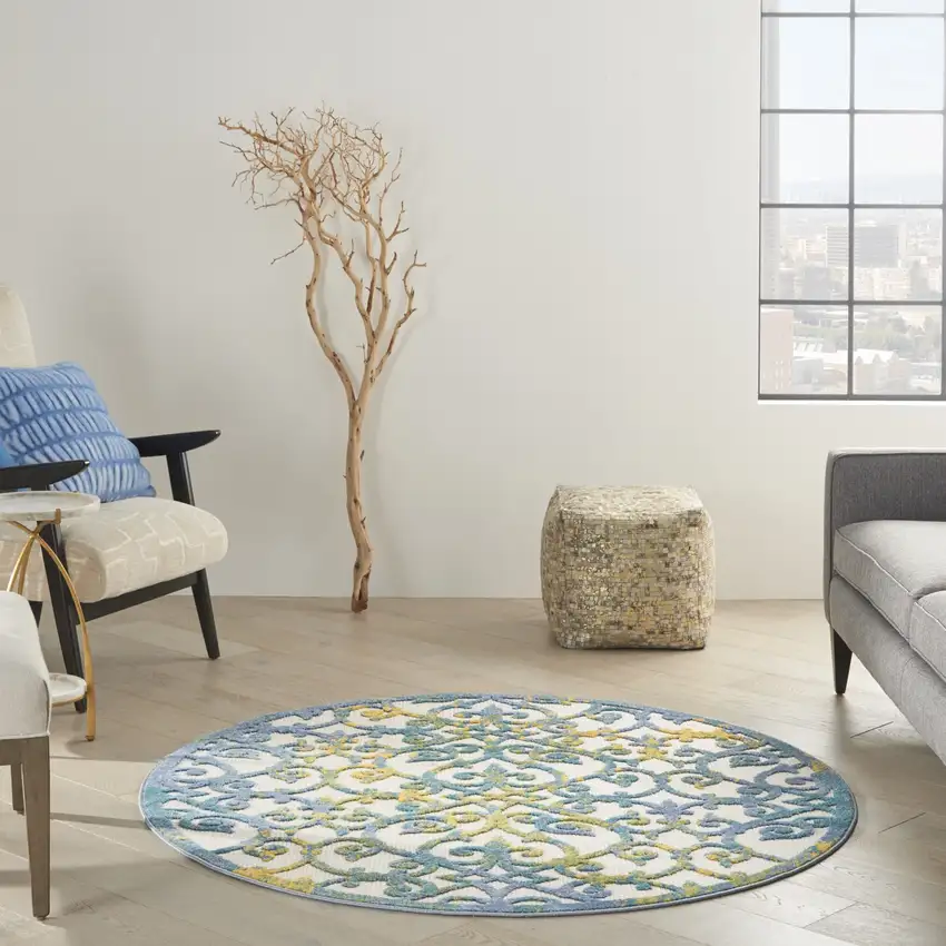 Round Ivory and Blue Indoor Outdoor Area Rug Photo 10
