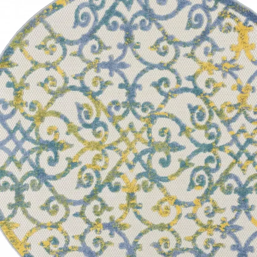 4' Ivory And Blue Round Indoor Outdoor Area Rug Photo 8