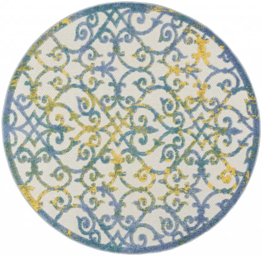 Ivory And Blue Round Floral Indoor Outdoor Area Rug Photo 2
