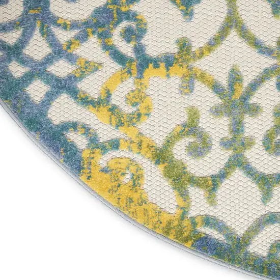 4' Ivory And Blue Round Indoor Outdoor Area Rug Photo 9