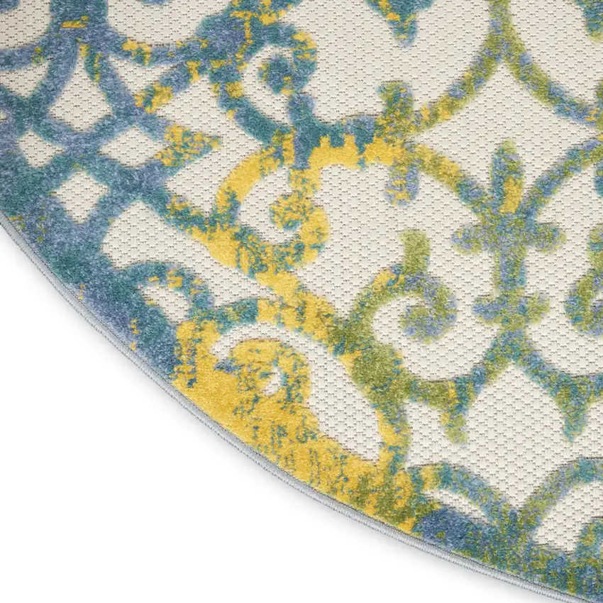 4' Ivory And Blue Round Indoor Outdoor Area Rug Photo 9