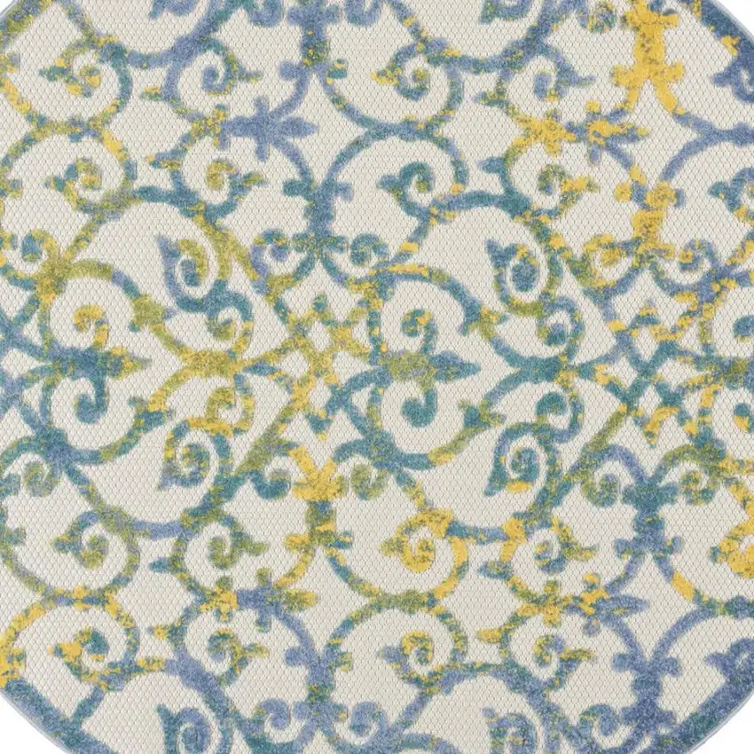 5' Ivory And Blue Round Indoor Outdoor Area Rug Photo 4