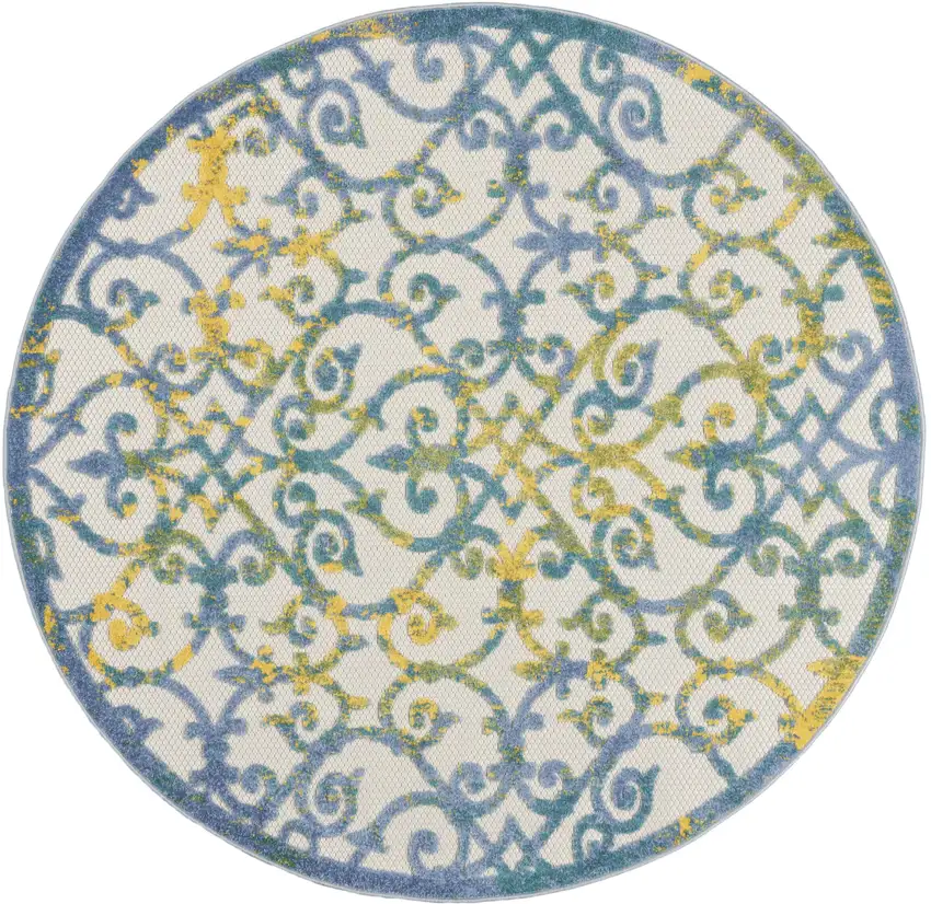 5' Ivory And Blue Round Indoor Outdoor Area Rug Photo 3